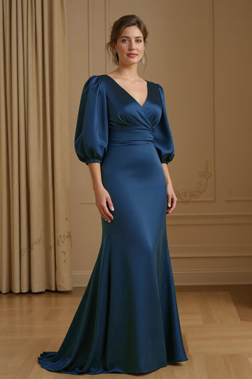 Sirène Satin Col V Marine Robe d’invitée de mariage avec manches 3/4
